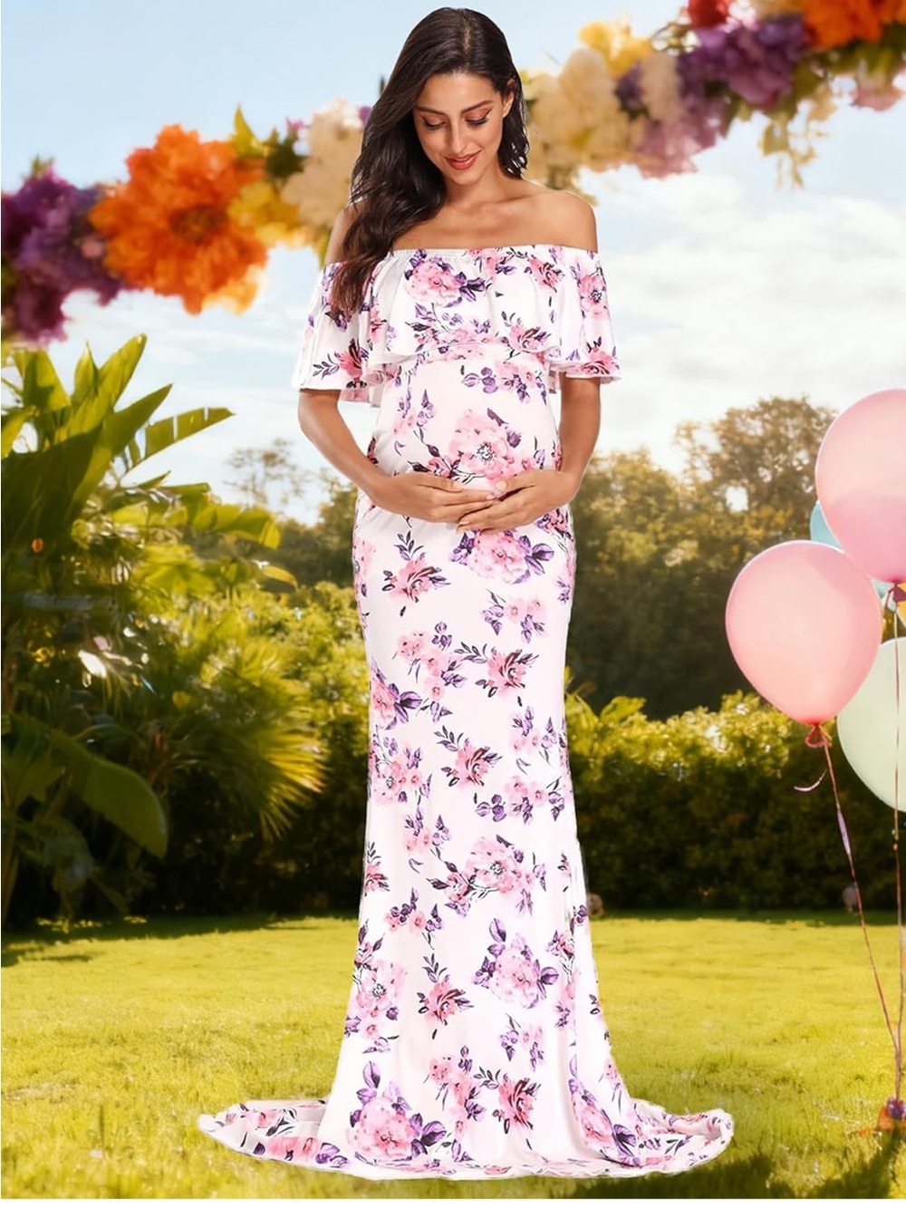 White Maxi Dress with Pink and Purple Floral Print - Picture 8 of 8